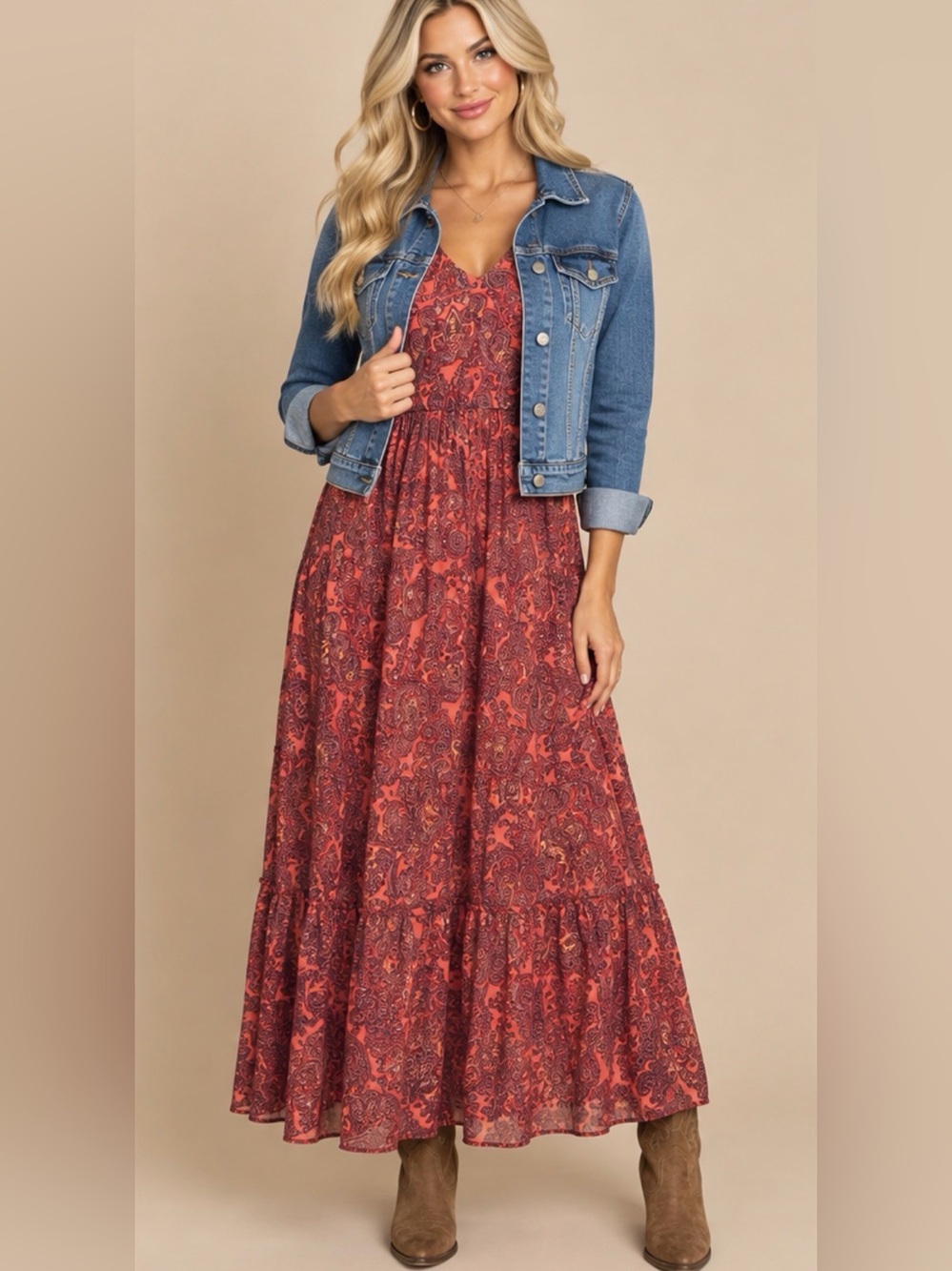 Nicole Miller New York Bohemian Burgundy Paisley-Print Tiered Maxi Dress Size XS